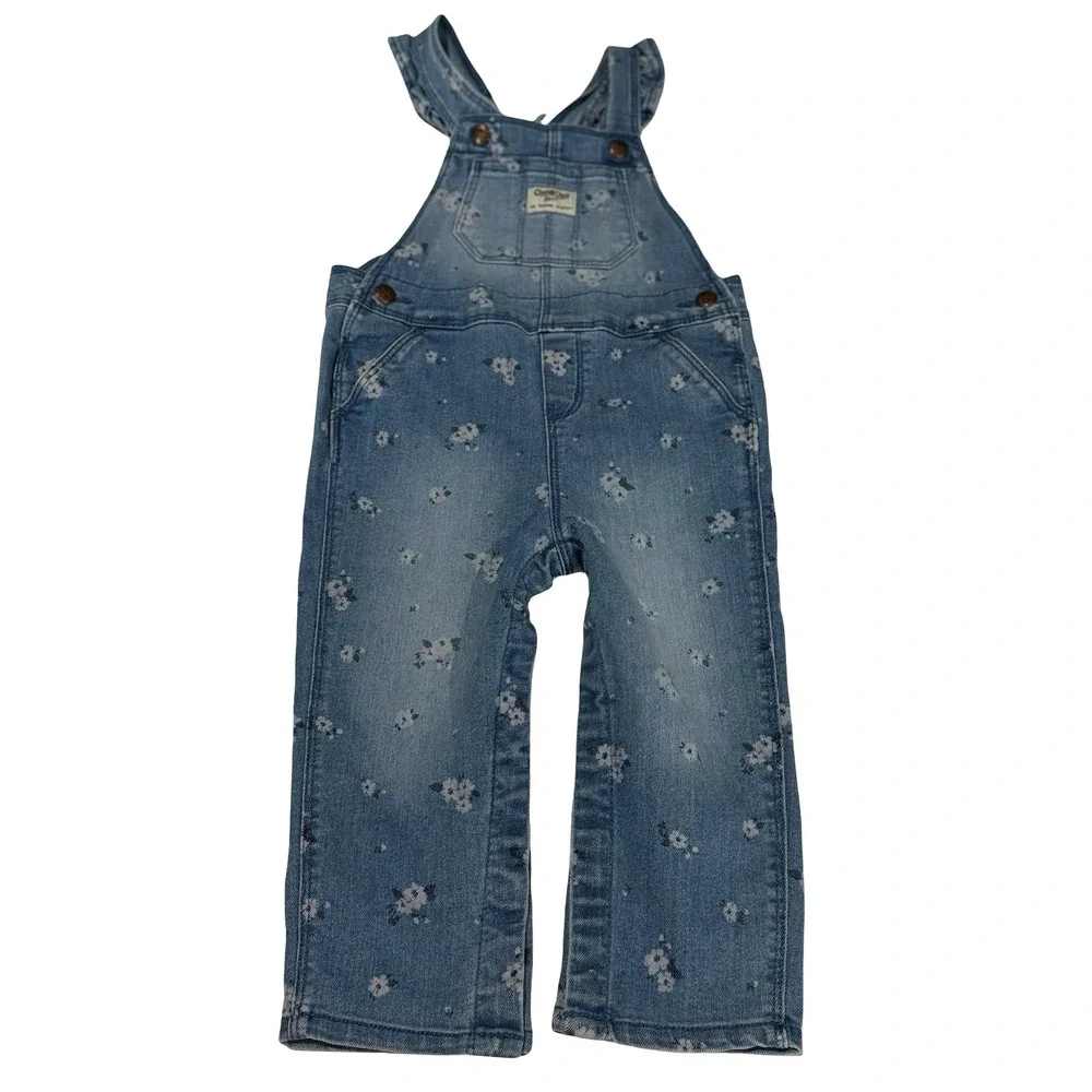 OshKosh Bgosh Girls‎ Floral Denim Overalls Blue 24M Ruffle Strap Bib Overalls